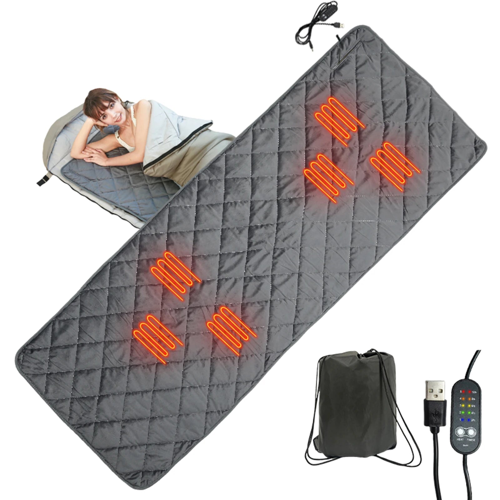 Camping Heated Sleeping Bag Pad Heated USB Sleeping Bag Liner Heated Blanket Mat Camping Warm Tent Heater Outdoor 6 Heating Zone