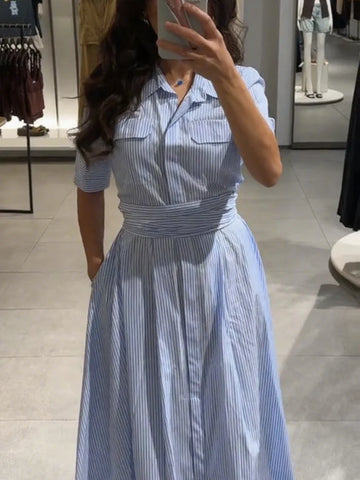 Elegant Striped Pleated Maxi Dress For Women Legant Lapel Short Sleeve Single Breasted Belted Waist Long Dress Lady Chic Robes