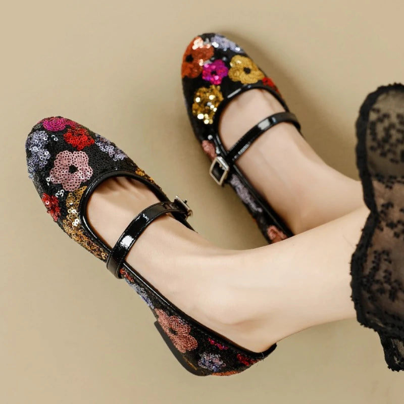 Luxury Bling Ballet Flats Women Round Toe Colorful Floral Buckle Design Mary Jane Shoes Elegant Party Shoes Comfort Flat Sandals