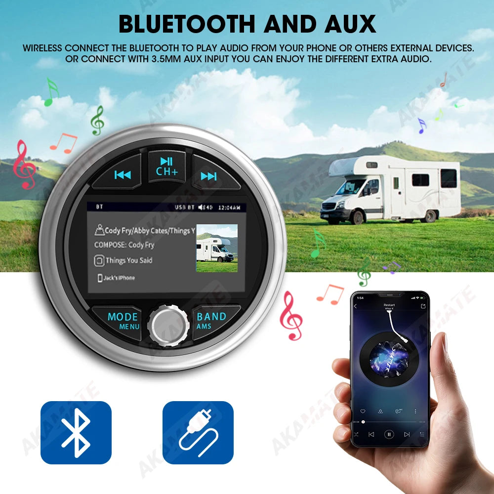 MP5 Radio for RV Stereo Bluetooth FM AM RDS Receiver EQ Waterproof IPX5 AUX Dustproof media Playe for ATV UTV Boat Marine Radio