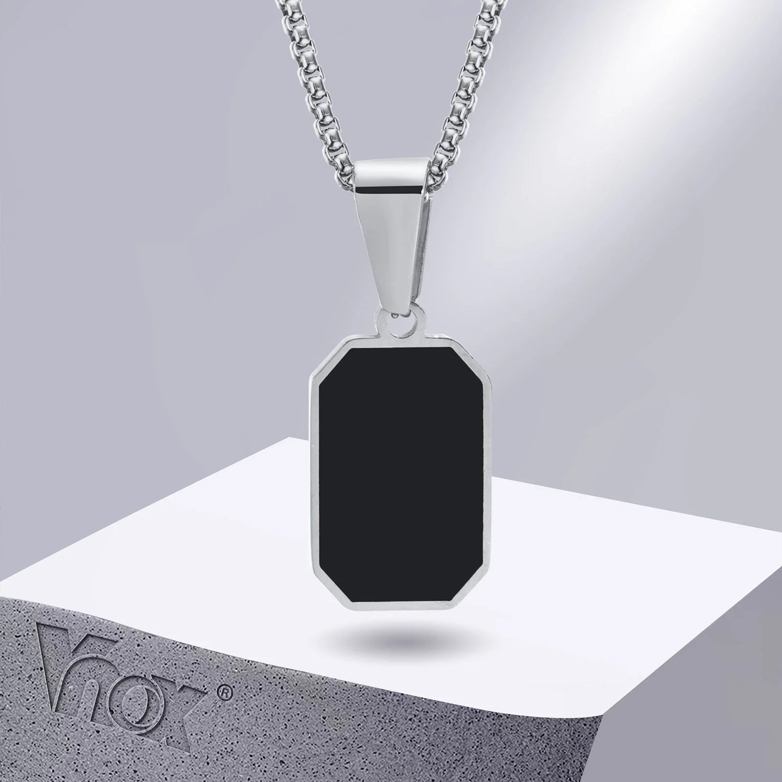 Vnox Geometric Necklace for Men Women, Stainless Steel Square Rectangle Pendant with Box Rope Chain, Unisex Casual Collar