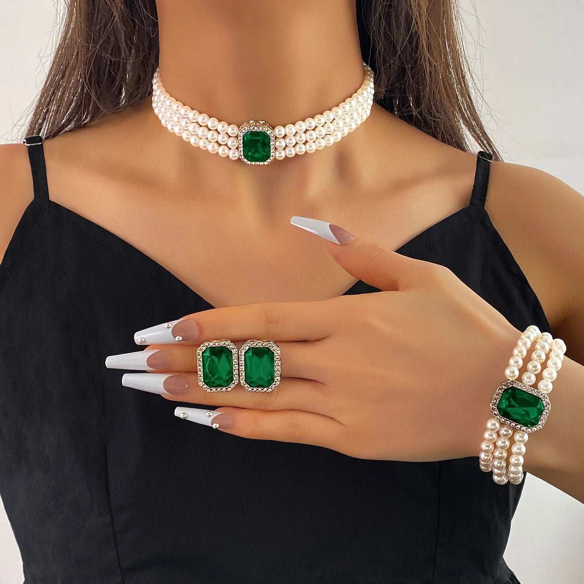 4-piece luxurious multi-layer imitation pearl necklace, earring bracelet, bridal rhinestone wedding jewelry set