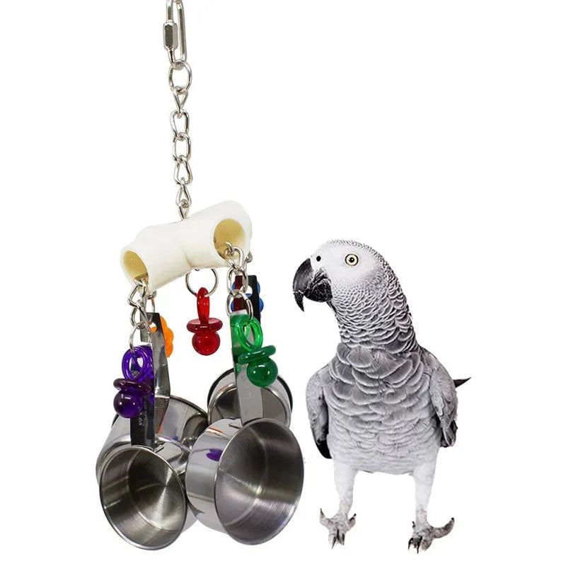 1pcs Pet Bird Parrot Toy 4 Stainless Steel Pots String Bird Chewing Bite Toys Acrylic Cage Accessories Small Pets Birds Supplies