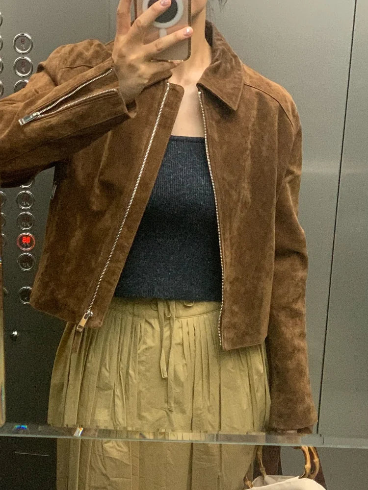 Autumn Winter Short Suede Jackets Women Brown Stand Collar Zipper Long Sleeve Female Coats Fashion Street Y2k Lady Outwears