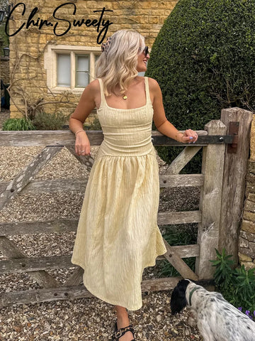 Elegant Pleated Long Dress Women Slim Square Neck Backless Sleeveless Female Sling Dresses 2025 Summer Lady Solid A-line Robe