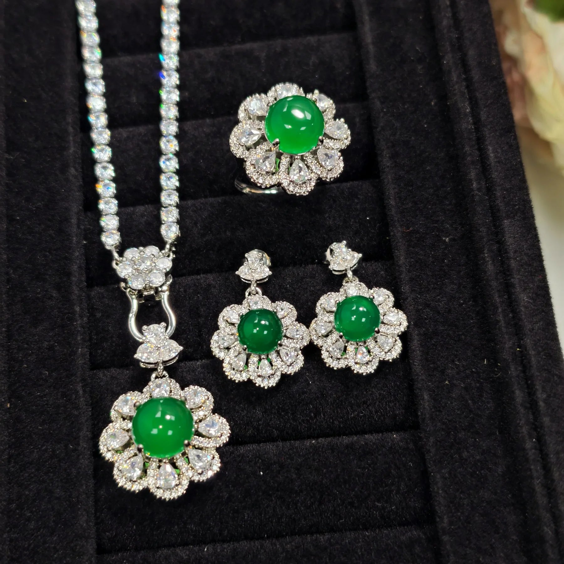 Vintage Jade Diamond Jewelry set 925 Sterling Silver Wedding Ring Earring Necklace Bracelet For Women Bridal Engagement Jewelry