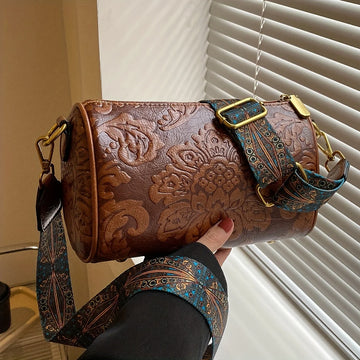 Retro Flower Embossed Cylinder Bag, Classic Textured Zipper Crossbody Purse, With Wide Geometric Pattern Strap Barrel Bag