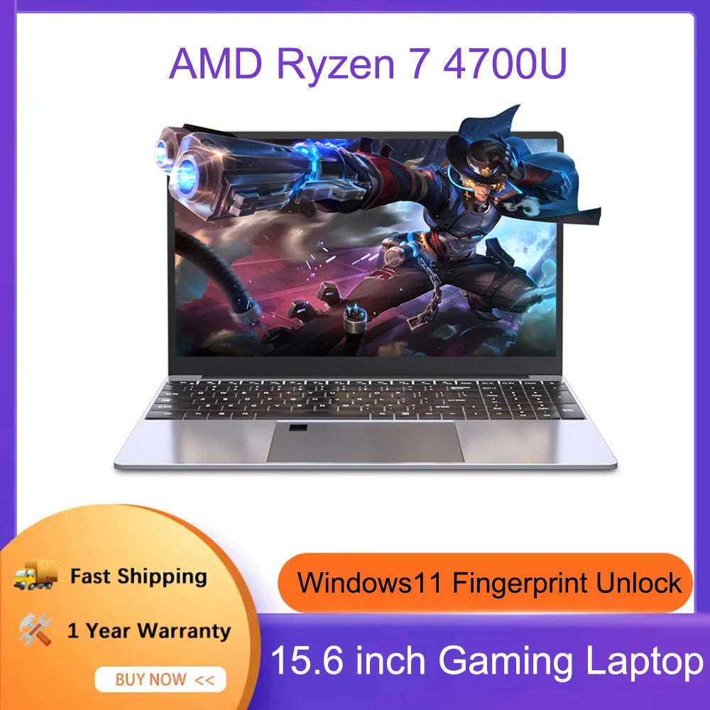 15.6 Inch Gaming Laptop AMD R7 4700U Backlit Keyboard Windows11 32GB DDR4 2TB Fingerprint Unlock Office Notebook Computer