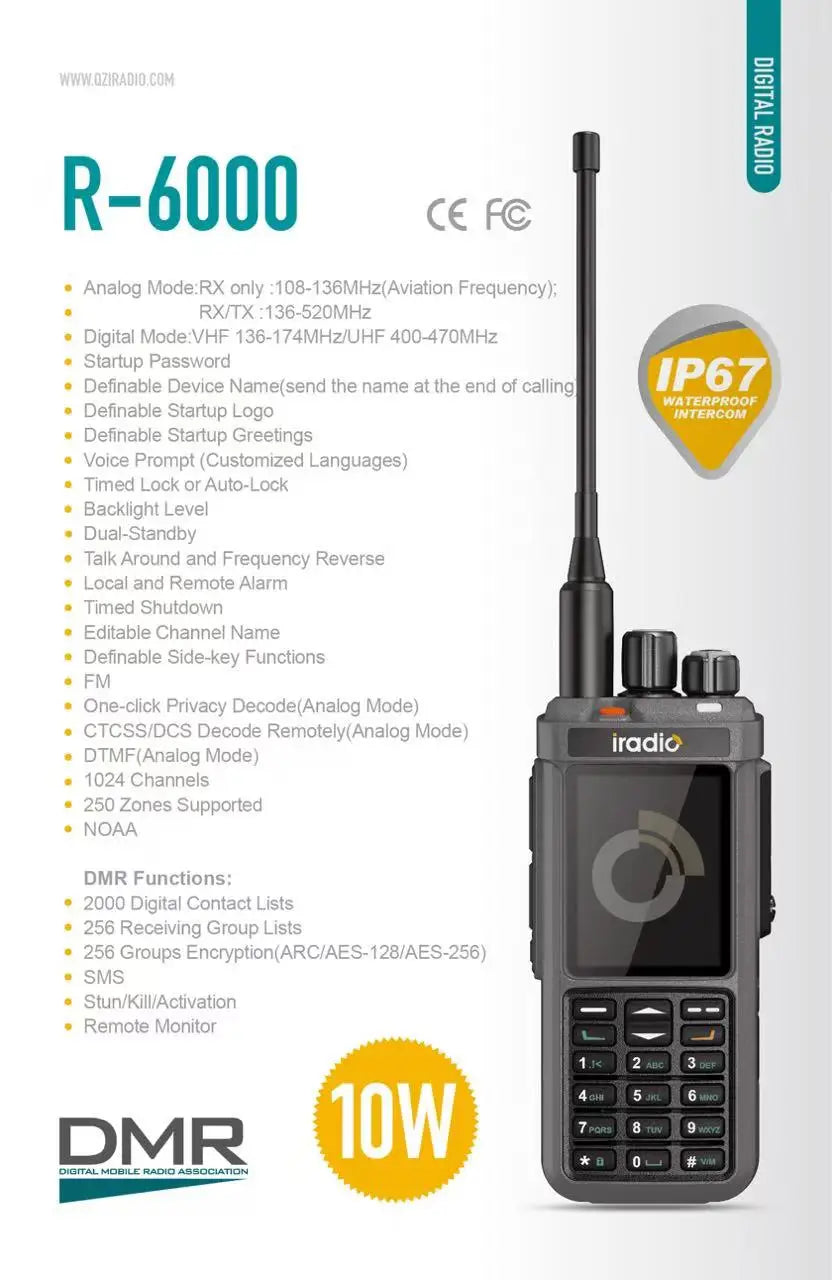 Iradio R6000 10W Out Put Power Digital Radio Handheld Walkie Talkie Uhf Vhf Dmr Two Way Radio