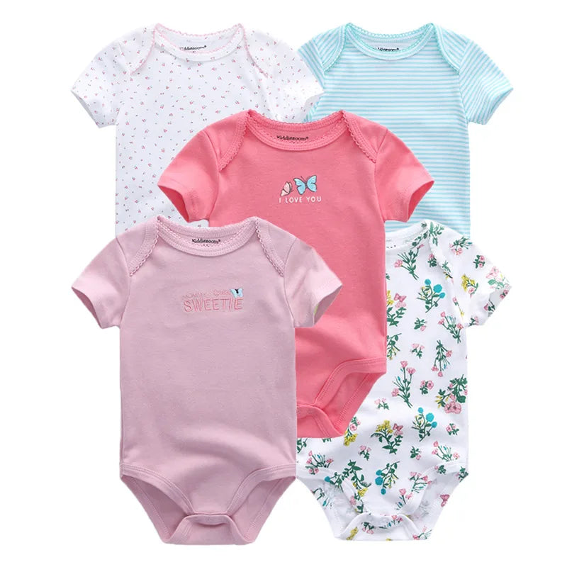Kiddiezoom 5 Pcs/Lot Four Seasons Fashion Cartoon Short Sleeve Baby Boy Girl Bodysuits Soft 100%Cotton NewbornOnesies