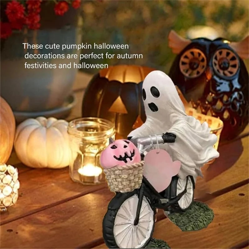 Halloween Themed Ghostly with Pumpkin Riding Bicycles Figurine Decorative Resins Statue Sculpture Party Decors Ornament