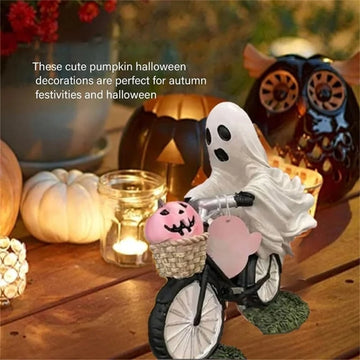 Halloween Themed Ghostly with Pumpkin Riding Bicycles Figurine Decorative Resins Statue Sculpture Party Decors Ornament