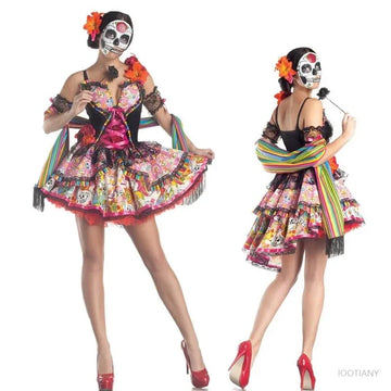 Halloween Day Of The Dead Sexy Sugar Skull Skeleton Flower Fairy Ghost Bride Cosplay Costume Masquerade Horror Vampire Witch