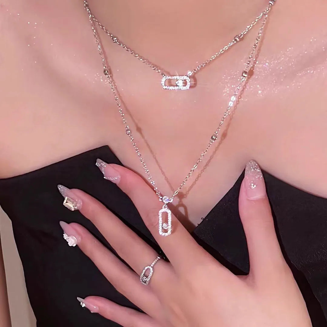 Luxury Boutique Jewelry 925 Silver Zircon Sliding Women's Necklace Double-layer Necklace Simple Shiny Pendant, Fashionable Gift