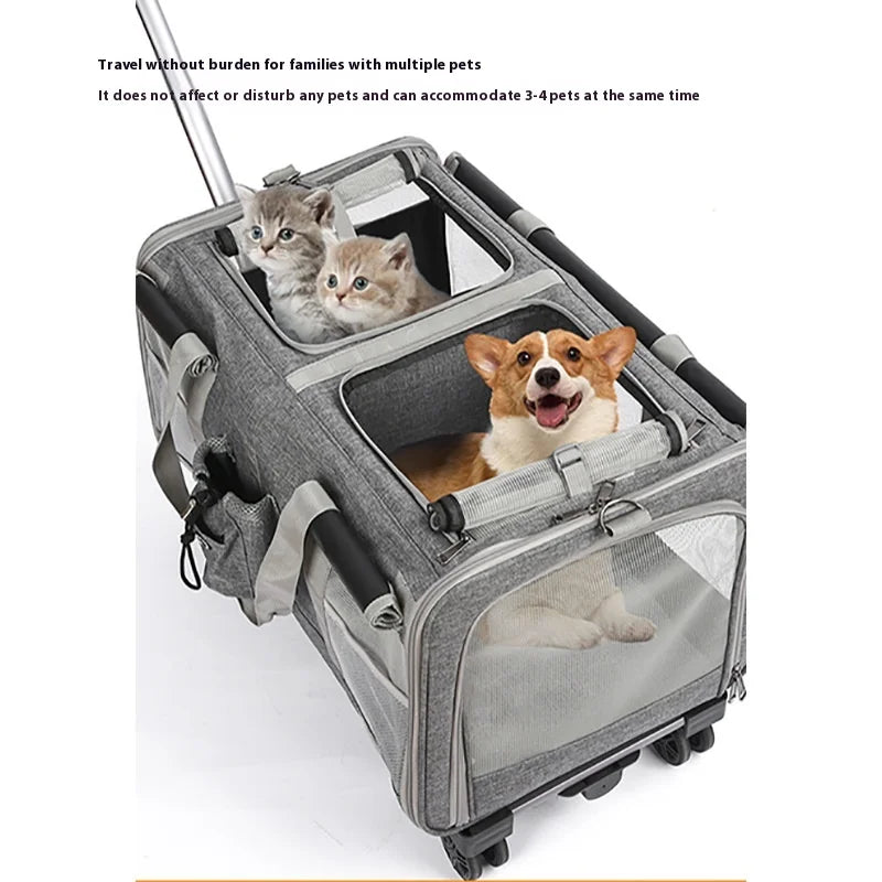 Double-layer Pet Stroller Cat Carrier Large Capacity Two Breathable Foldable Two-compartment Isolation Pet Trolley Box