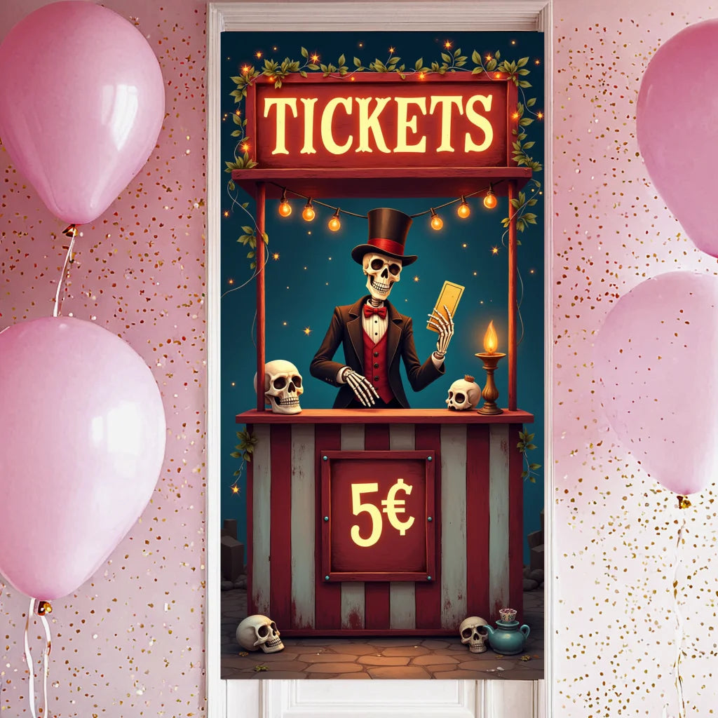 Halloween Door Decoration Halloween Skeleton Ticket Booth Banner Spooky Carnival Entrance for Halloween Party Haunted House Even