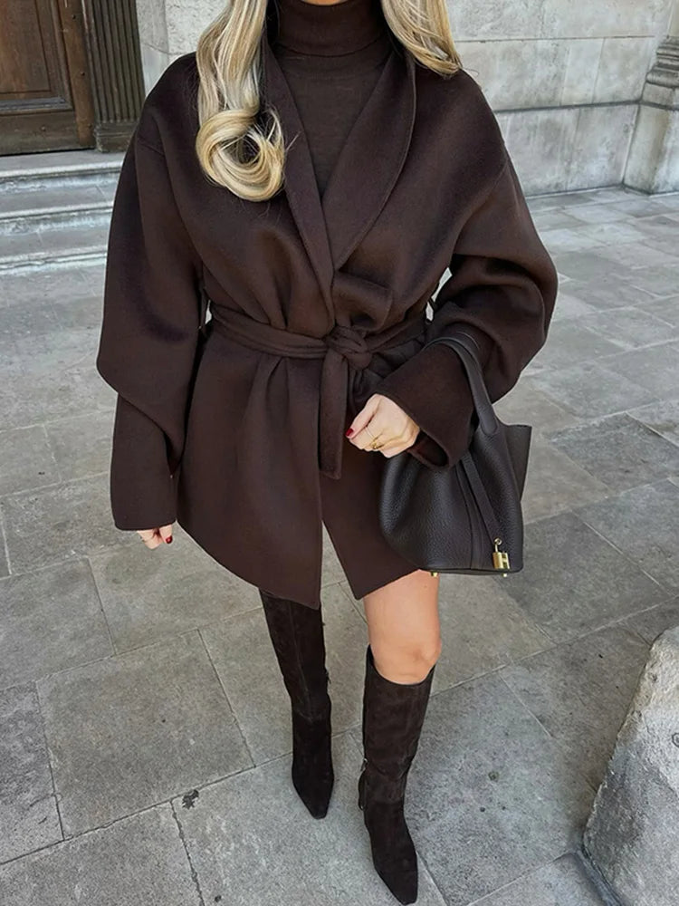 New Women's Fashion Solid Coat Cardigan With Belt Casual Loose V-Neck Long Sleeve Lace Up Jackets 2025 Autumn Lady Outerwears