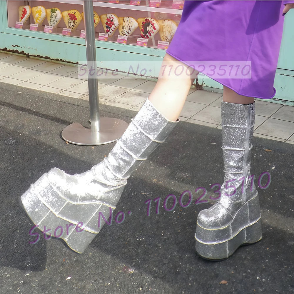 Bling Platform Wedges High Boots Women Chic Sequine Silver Glitter Boots Height Increasing Winter Ladies Luxury High Heels Boots