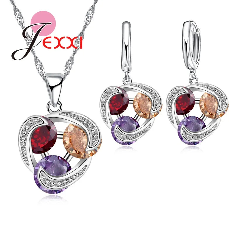 Colorful Crystal Jewelry Set for Female Girls 925 Sterling Silver Pendant Necklaces Earrings Set Women Wedding Accessorie