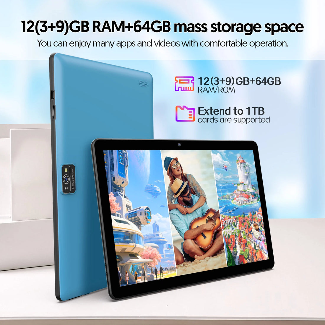 New BAKEN 10-inch Android 15 tablet with 64GB storage, keyboard, leather case, SIM card slot, stylus, mouse, and dual speakers