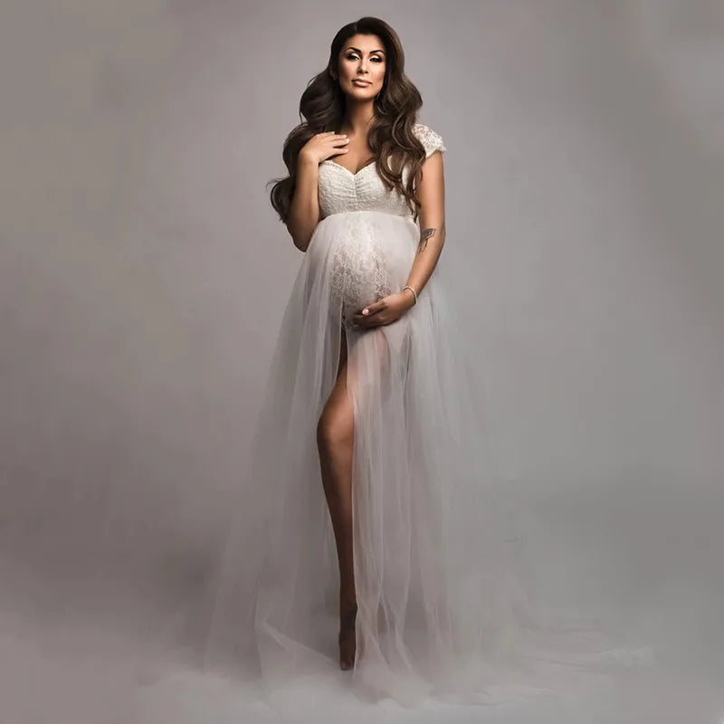 Maternity  Lace Off-Shoulder Bodysuit for Photoshoot with Tulle Long Sides Slit Tail Women
