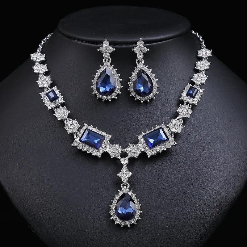 Bridal Jewelry Set Wholesale Silver Plated Red Green Blue Crystal Rhinestone Drop Earrings and Luxury Wedding Necklace for Women