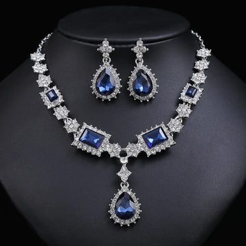 Bridal Jewelry Set Wholesale Silver Plated Red Green Blue Crystal Rhinestone Drop Earrings and Luxury Wedding Necklace for Women