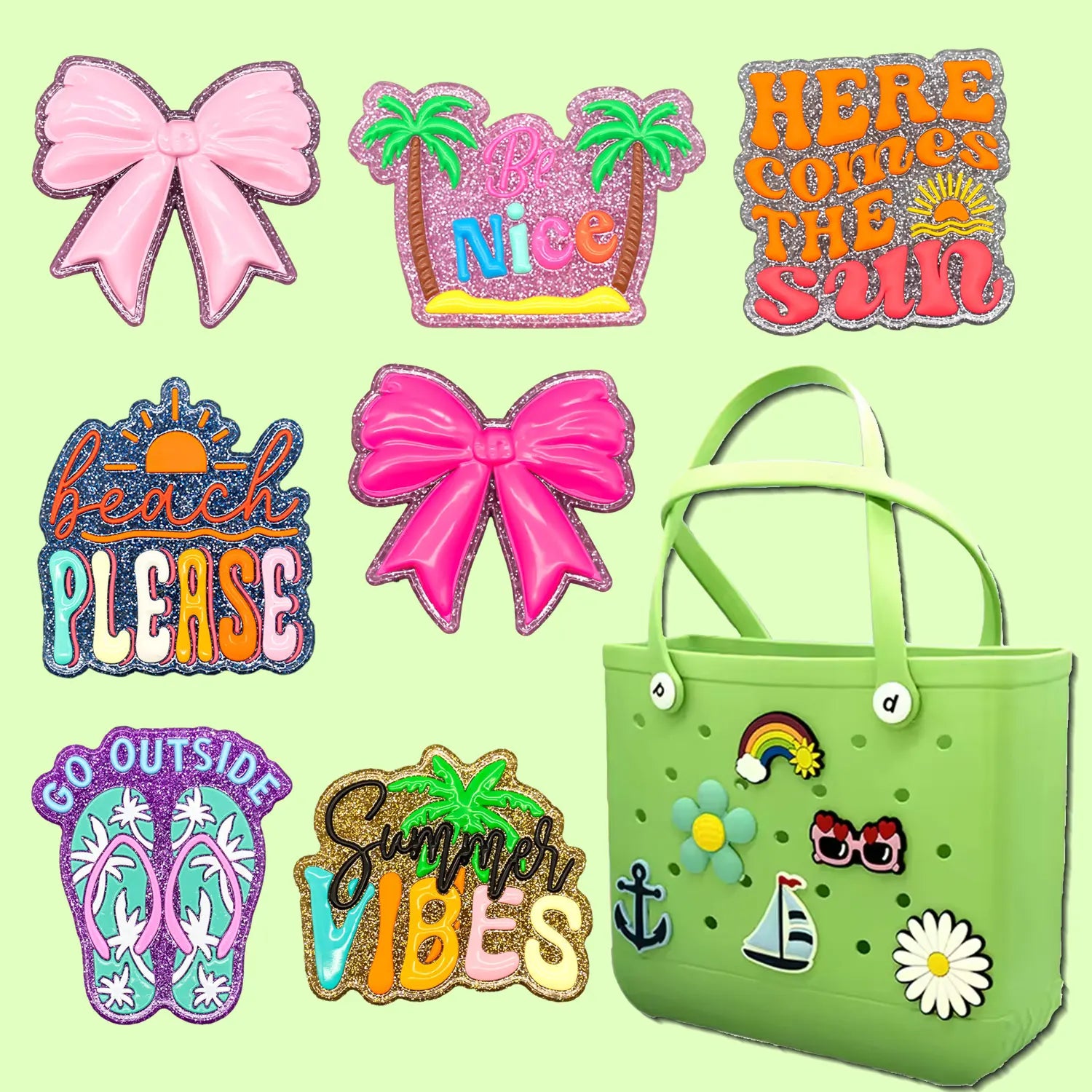 1/7pcs Bling Bling Bow Charms For Beach Bag Accessories Slippers Handbag Decoration Palm Beach Tote Bag Accessories