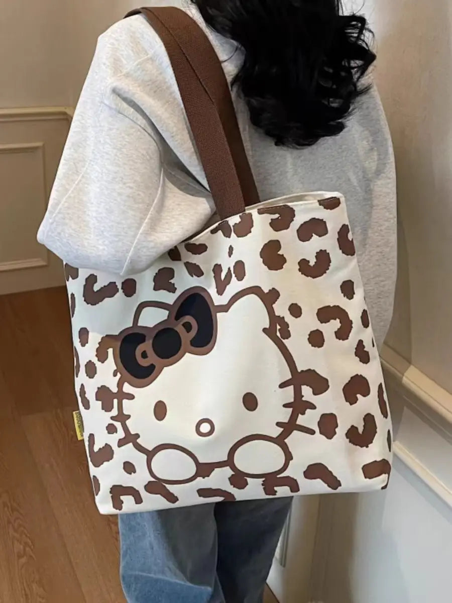 Fashion Retro Hello Kitty Canvas Shoulder Bag Charm Women's Large Capacity Daily Commuting Casual Handbag Girls Birthday Gifts