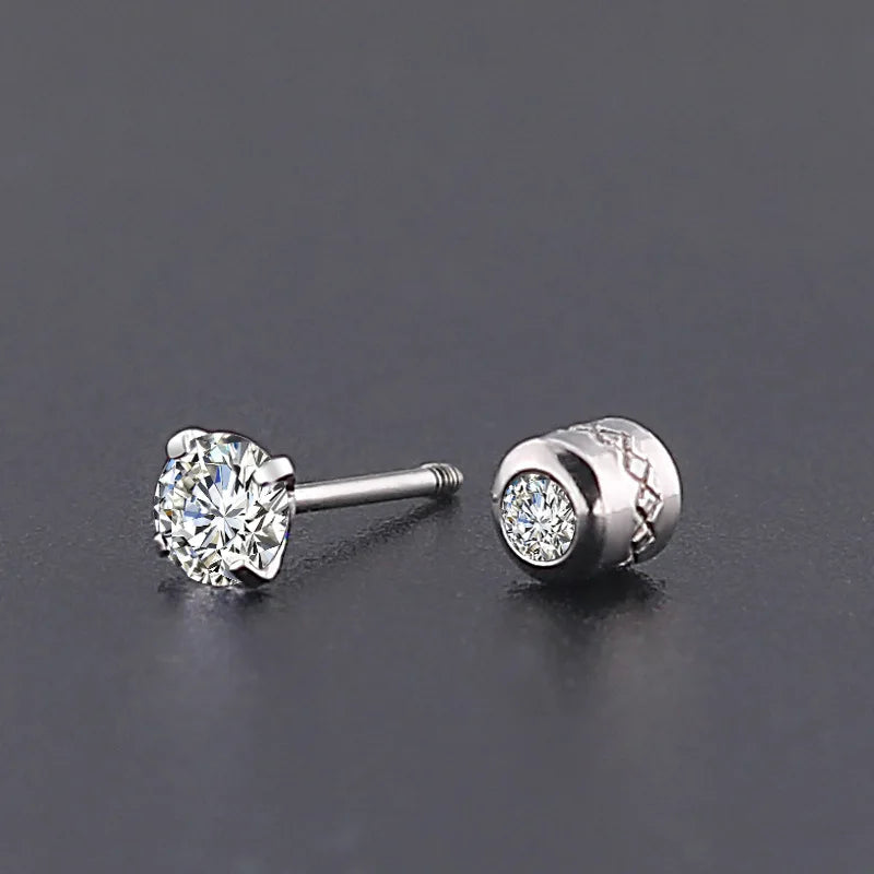 1 Pair 3-8mm Classic Round/Flat Back Screw Stud Earrings for Women/Men Stainless Steel  Shiny Zircon Crystal Piercing Jewelry