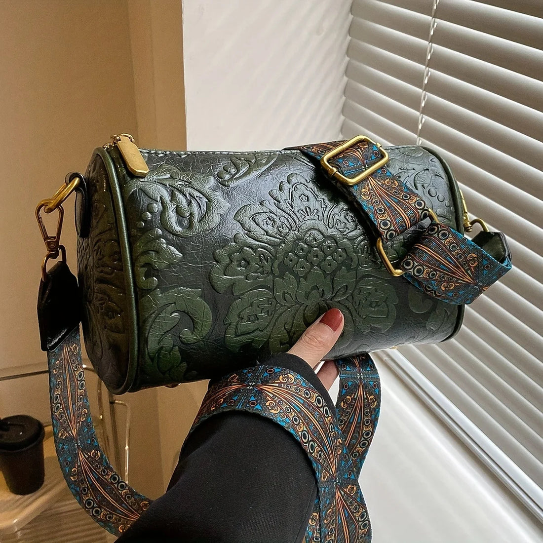 Retro Flower Embossed Cylinder Bag, Classic Textured Zipper Crossbody Purse, With Wide Geometric Pattern Strap Barrel Bag