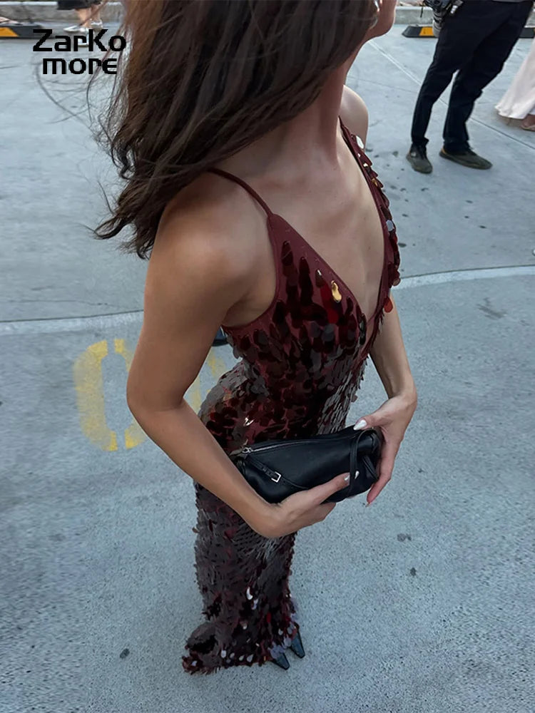 Sexy Sequin Long Party Dress Women Slip Hollow Out Shiny Backless Sleeveless Maxi Dresses Female 2025 Summer Lady Slim Robes
