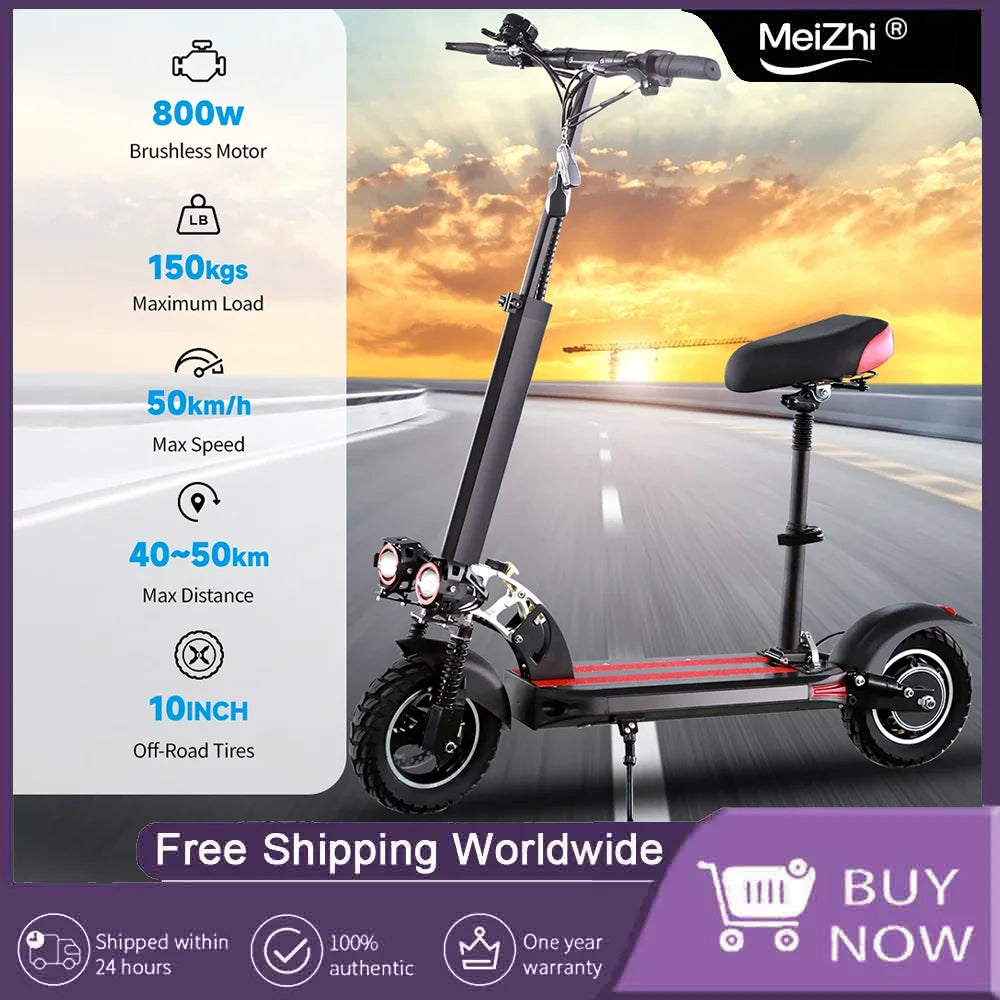 Folding EScooter 800W Powerful Electric Scooter 48V 15Ah Max Speed 50km/h 50km Range 10'' Tires Dual Shock Absorbing for Adults