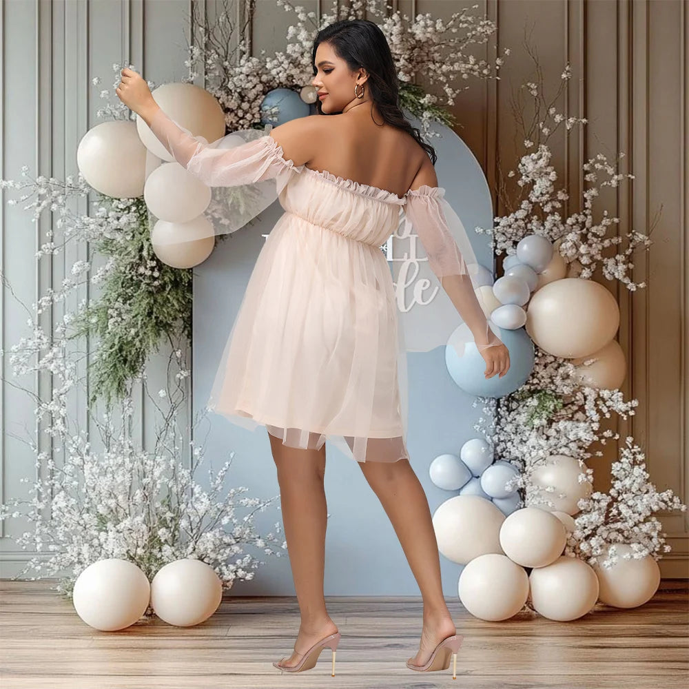 Maternity Mesh Photography Gown Long Sleeves Off-shoulder Elegant Summer Short Dress for Baby Shower Photoshoot