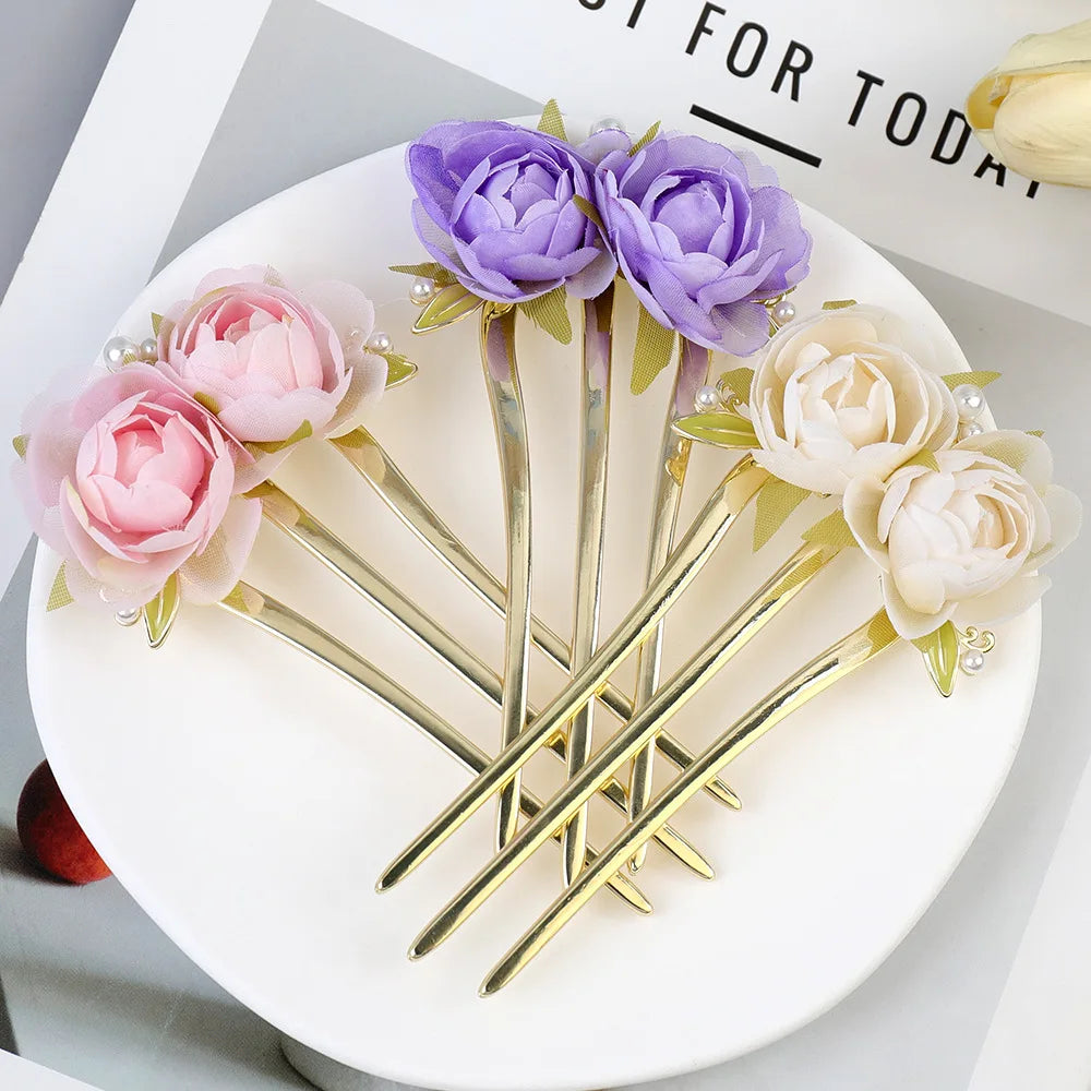 Elegant Flower Hairpin For Women Sweety Peony U Shaped Hair Stick Girls Fashionable Hair Accessories Gauze Floral Hair Pin NEW