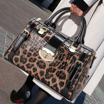 Leopard Handbag Leather Women's Bag Large Capacity Boston Bag Fashion Versatile Cowhide One Shoulder Crossbody Bag