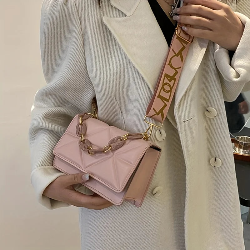 2025 New Fashion Women's Bag - Simple & Casual Retro Shoulder Bag with Wide Strap, Trendy Small Purse with Chunky Chain