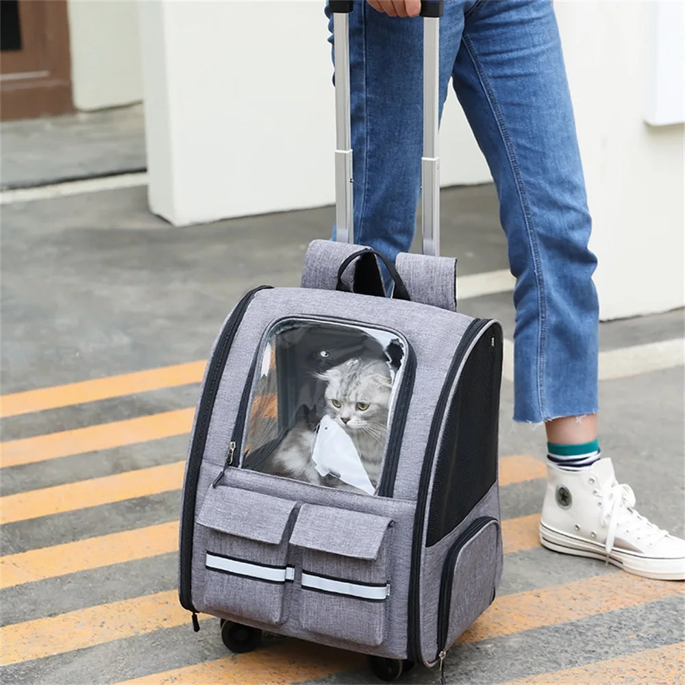Breathable Pet Trolley Case Portable Cat Backpack Large Capacity Pet Travel Carrier Bag Detachable Outdoor Pet Stroller