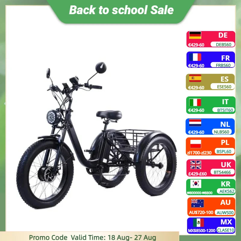 Electric Fat Bike 24 Inch Three Wheel Electric Bicycle Powerful Snow Mountain Electric Bike Adult Men's Women's