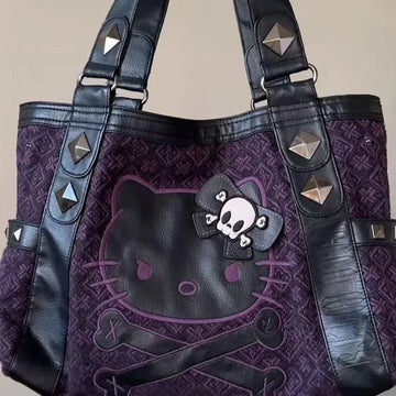 MINISO Sanrio Hello Kitty Vintage Purple Handbag Y2K Gothic Style Multifunctional Underarm Tote Bag Sweet and Spicy Fashion