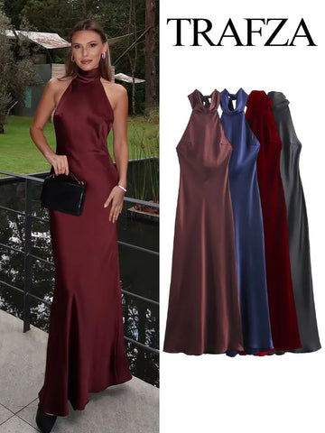 TRAFZA Women Fashion Dress Solid Sleeveless Backless Bow Decoration Zipper Female Summer Elegant Slim Long Dresses 2 Color