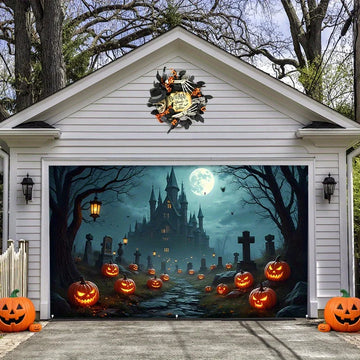 Halloween Garage Door Banner - Horror Castle and Cemetery Scene with Pumpkin Lantern