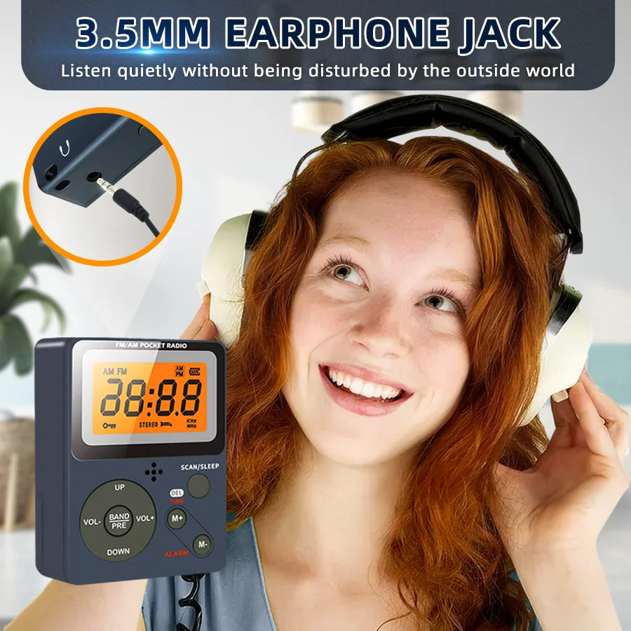 Digital Radio, FM/AM, 2 Band Stereo Music Receiver, Portable Pocket Radio with Headphones, LCD Screen, 2xAAA Dry Battery Powered