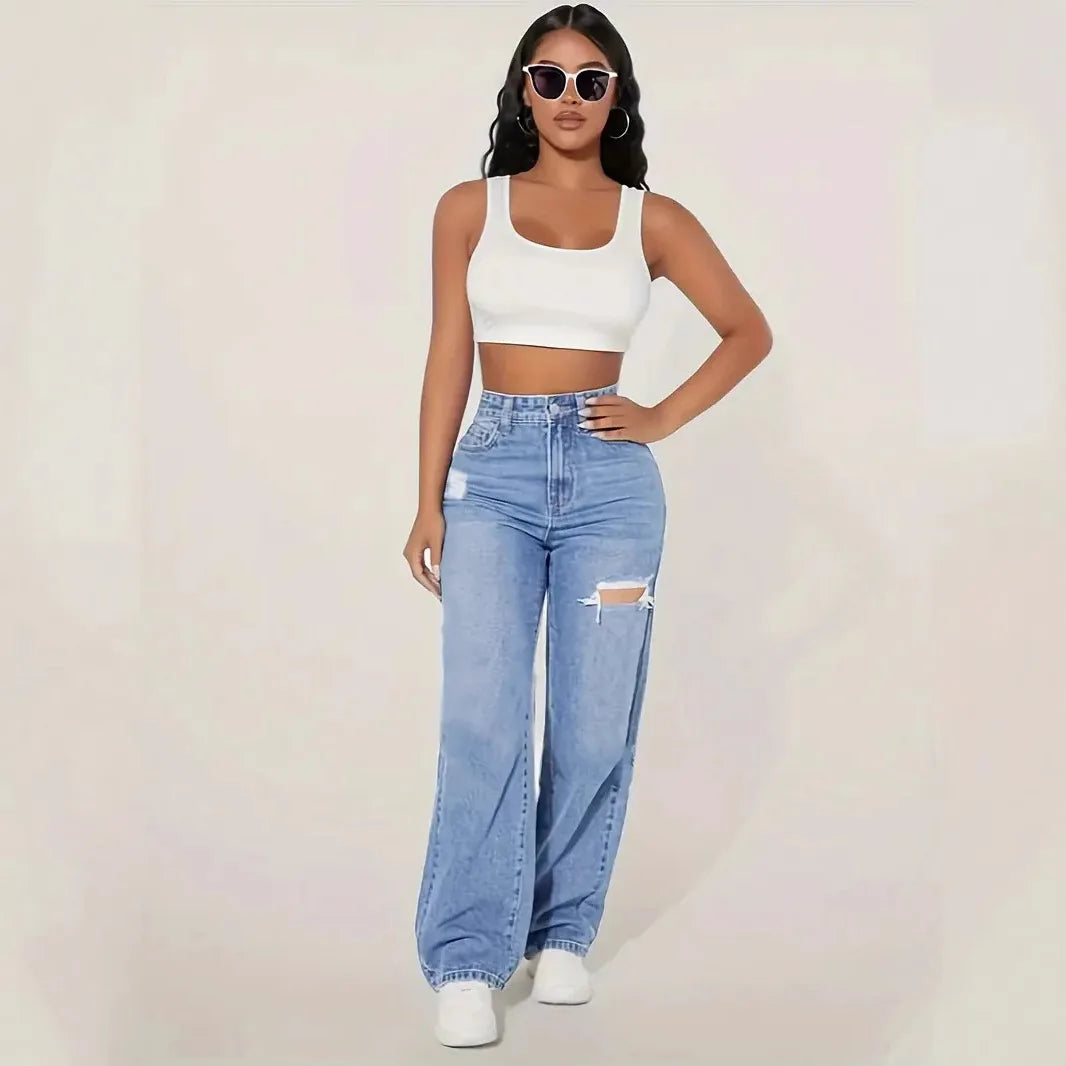 2025 Washed Ripped High-waisted Wide-leg Jeans. New Four Seasons Fashionable and Versatile Casual Floor-length Jeans for Women