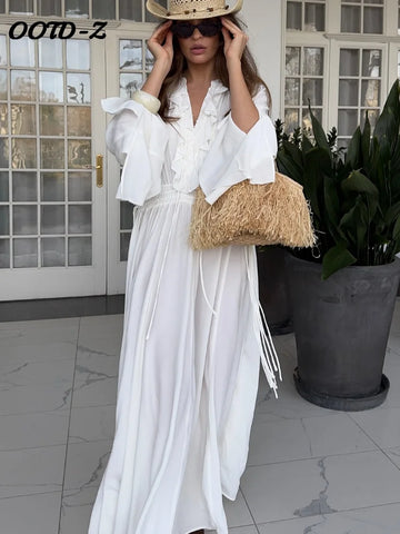 Elegant Beach Boho Long Dress Women Ruffle V-neck Full Flare Sleeves Loose Dresses Female 2025 Summer Lady Vacation Robes
