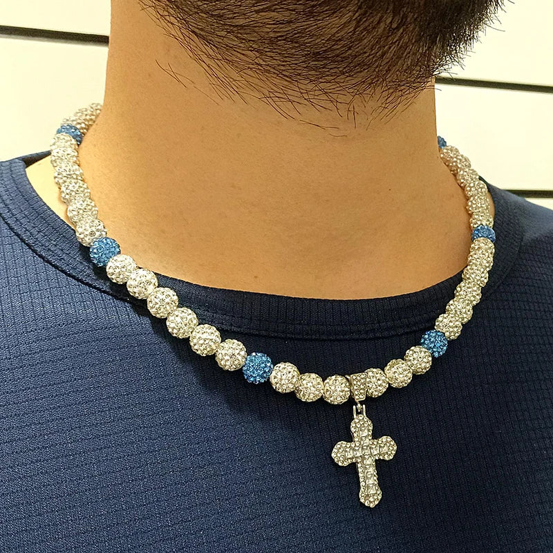 Bling Ice Collection Baseball Necklace for Boys Cross Pendant Necklace Colorful Rhinestone Beads Beaded Necklace for Men Women