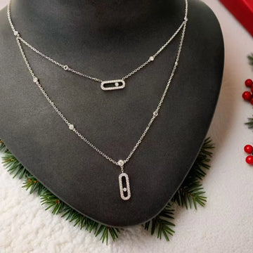 Luxury Boutique Jewelry 925 Silver Zircon Sliding Women's Necklace Double-layer Necklace Simple Shiny Pendant, Fashionable Gift