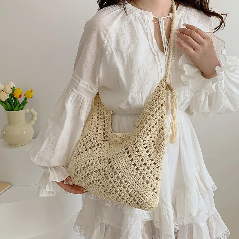 2025 Bohemian Crochet Straw Tote with Drawstring Pocket, Beach Festival Shoulder Bag for Women
