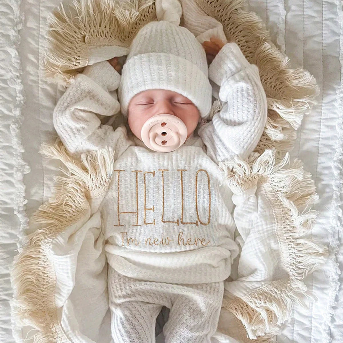 Ylsteed "Hello" Embroidery Newborn Photography Props Infant Romper Jumpsuit with Bow Hat Baby Coming Home Outfit Baby Photo Gift