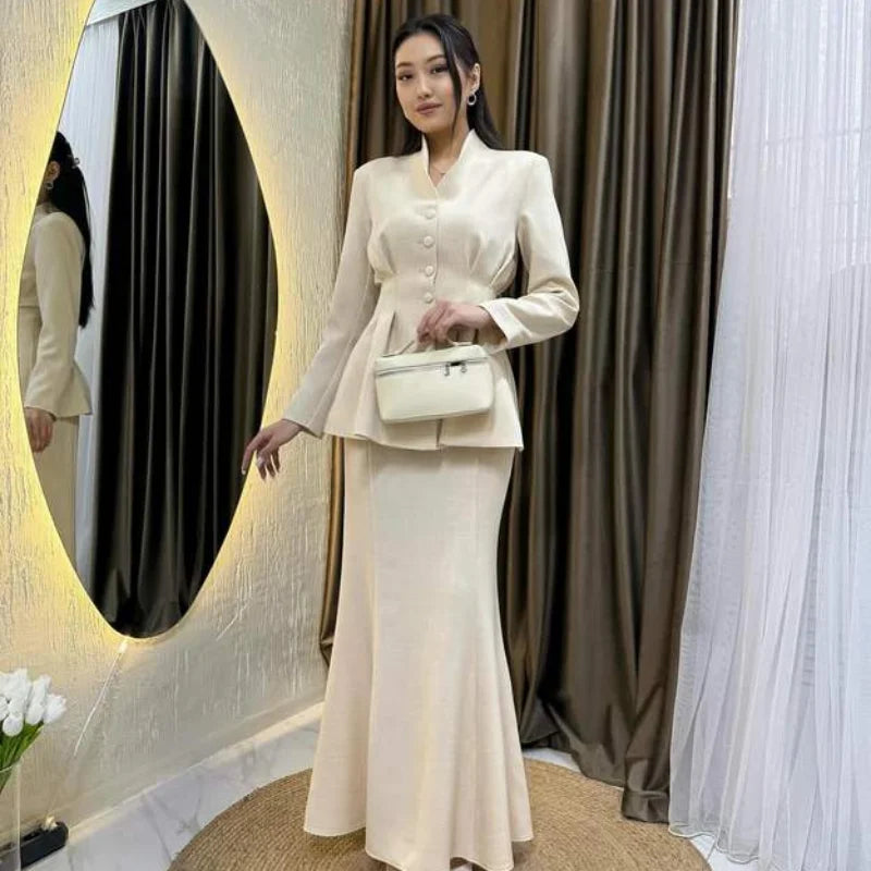 Elegant Single Breasted Shirt Long Skirt Set Women V-neck Long Sleeve Slim Fit Top Fishtail Skirts 2025 Autumn Commuter Outfit ﻿